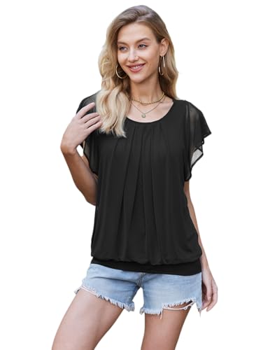 Hotouch Damen Mesh Bluse Fledermaus Arm Blumen Tunika Shirt Elegant Doppellagig Rundhals Oberteile Mesh T-Shirt von Hotouch