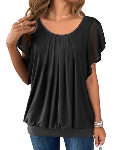 Hotouch Damen Fledermaus Shirt Sommer Flatter Kurzarm Bluse Elegant Falten Flowy Oberteile Doppellagig Sommerbluse von Hotouch