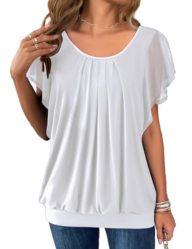 Hotouch Oberteil Damen Elegant Kurzarm Batwing Sleeve Tshirt Rundkragen Sommer Einfarbig Floral Tunika Tops Mesh Falten Top von Hotouch