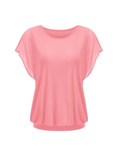 Hotouch Bluse Damen Elegant Kurzarm Sommer Tunika Rundhals Mesh Oberteil Doppellagige Fledermaus Shirt Rosa L von Hotouch