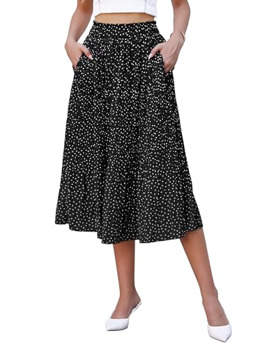 Hotouch Damen Schwarzer Rock Elastische Taille Plisseerock Sommer Leicht Chiffon Rock Langer Elegant Polka Dot Midirock mit Taschen Größe M von Hotouch