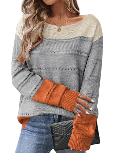 Hotouch Damen Pullover Elegant Colorblock Herbstpulli Lässig Bequem Locker Gestreift Sweater Strickpullover Hollow Out Tops von Hotouch