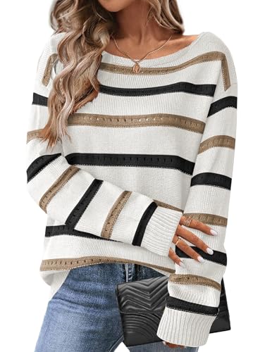 Hotouch Damen Pullover Elegant Colorblock Herbstpulli Lässig Bequem Locker Gestreift Sweater Strickpullover Hollow Out Tops von Hotouch