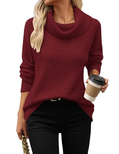 Hotouch Damen Pullover Elegant Strickpullover Locker Cable Knit Sweater Dünner Rollkragenpullover Langarm Rolli Weinrot XXL von Hotouch