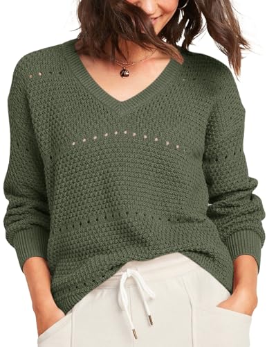 Hotouch Damen Strickpullover V-Ausschnitt Pullover Elegant Langarm Pulli Einfarbig Strickpulli Herbst Winter Lässig Sweater Strick Langarmshirt Armeegrün L von Hotouch
