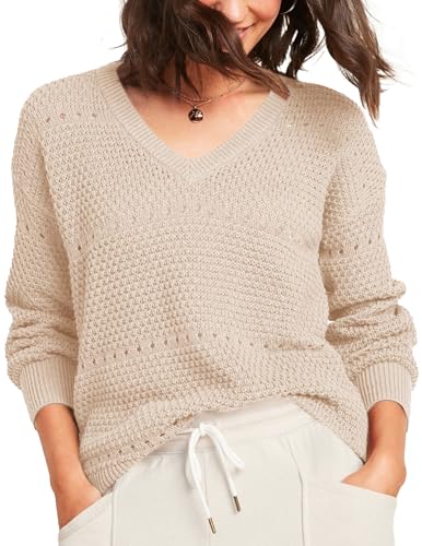 Hotouch Pullover Damen Strickpullover V Ausschnitt Häkelpullover Herbst Winter Elegant Strickpulli Einfarbig Leicht Pulli Casual Oberteile Beige XXL von Hotouch