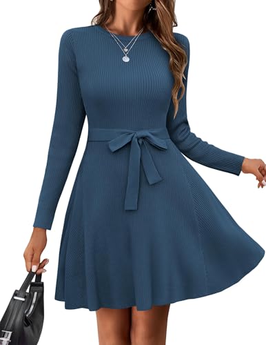 Hotouch Damen Kleid Elegant Herbstkleid Warm Langarmkleid Rundhals Strickkleid Lässiges A-Linie Pulloverkleid Mit Gürtel Midikleid Tintenblau XL von Hotouch