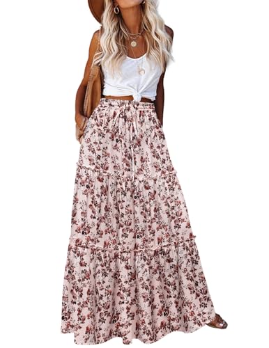 Hotouch Damen Rock Elegant Sommer Langrock Lässig A-Line Hohe Taille Maxirock Elastische Freizeitrock Einfarbig Röcke mit Taschen Blumen-A L von Hotouch