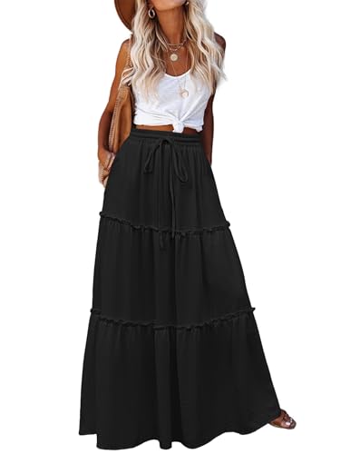 Hotouch Damen Rock Lang Elegant Röcke Hohe Taille Maxirock Mit Kordelzug Einfarbig Casual Freizeitrock Frühling Sommer Schwarz L von Hotouch