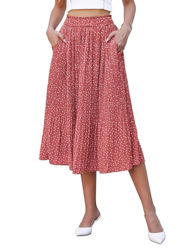 Hotouch Damen Rock Sommer Polka Dot Elastische Taille Lang Faltenrock Chiffon Lang Rock Swing Elegant Ziegelrot Plisseerock mit Taschen Größe XXL von Hotouch