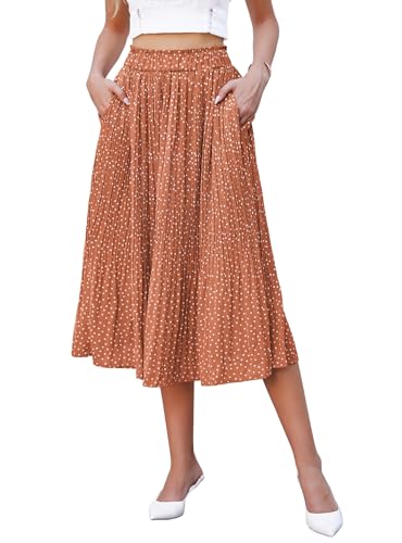 Hotouch Damen Midi Rock Sommer Polka Dot Plisseerock Lang Elastische Taille Chiffonrock Swing Elegant Maxirock mit Taschen Ziegelrot Größe XXL von Hotouch