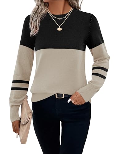 Hotouch Damen Rundhals Pullover Farbblock Langarm Strickpullover Basic Gestrickt Langarmshirt Elegante Winterpulli Farbblock XXL von Hotouch