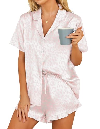 Hotouch Damen Schlafanzug Kurz Sommer Satin Pyjama Set Kurzarm Sleepwear, Leopard Rosa L von Hotouch
