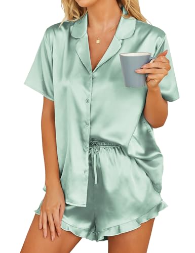 Hotouch Damen Schlafanzug Kurz Sommer Satin Pyjamas Set Kurzarm Sleepwear, Grün L von Hotouch