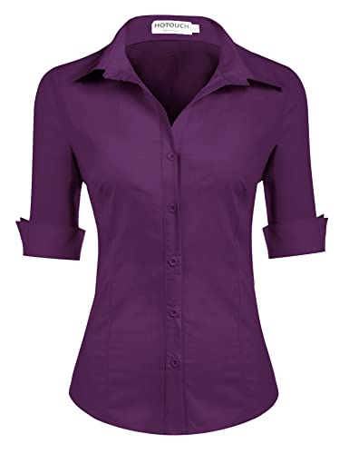 Hotouch Hemdbluse Damen Kurzarm Baumwolle Blusen mit Knopfleiste Klassische Bluse Business Tops Modern Arbeitshemd Lila S von Hotouch