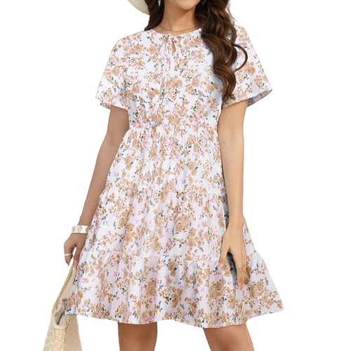 Hotouch Sommerkleid Damen Kurzarm Freizeit Kleider Einfarbig Boho Strandkleid Rundhals A-Linie Kleider Midi Kleid Leichte Gelb blumig XXL von Hotouch