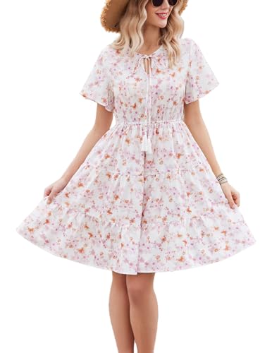 Hotouch Damen Sommerkleid V-Ausschnitt Bohemian Kleid Tunika Kurzarm Kleider Knielang Strandkleider Blumen Freizeitkleid Wickelkleid Rosa blumig L von Hotouch