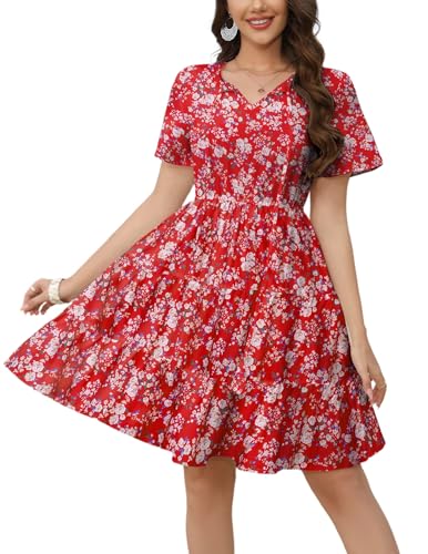Hotouch Sommerkleid Damen Strandkleid Sommer Kurzarm Kleider Rundhals Blumenmuster Freizeitkleid Einfarbig Blumenkleid mit Rüschen Leicht A-Linie Kleid Casual Rot blumig L von Hotouch