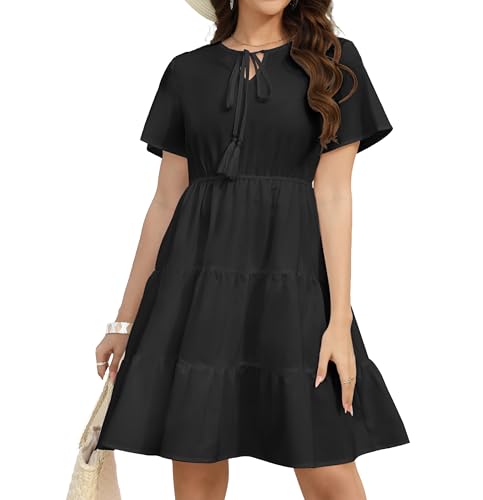 Hotouch Strandkleid Damen Sommerkleid Blumenkleid Leicht Kleider A-Linie Freizeit Kleider mit Rüschen Midikleid Einfarbig Rundhals Midi Kleid Kurzarm Strandkleid Schwarz S von Hotouch