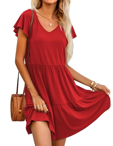 Hotouch Damen Sommerkleider Casual Kurzarm Strandkleid V-Ausschnitt Rüschen Knielanges Kleid Loose Swing Damenkleid mit Taschen Rot M von Hotouch