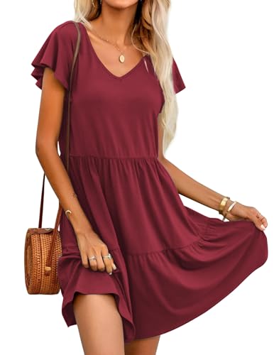 Hotouch Damen Sommerkleider Knielang V-Ausschnitt Kleid A-Linie Strandkleid Einfarbig Elegant Kleider Rüschen Kurzarm Kleid Sommer Rotwein S von Hotouch