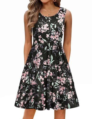 Hotouch Sommerkleid Damen Strandkleid Ärmellos Blumen Kleid Elegant Knielang A-Linie Kleider Rundhals Freizeitkleid Swing mit Tasche Rüschen Tank Kleid SchwarzRosa M von Hotouch