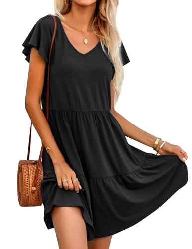 Hotouch Damen Sommerkleider V-Ausschnitt Kurzarm Kleider Rüschen Freizeitkleider Einfarbig Strandkleider Elegant A-Linie Casual Kleid Schwarz L von Hotouch