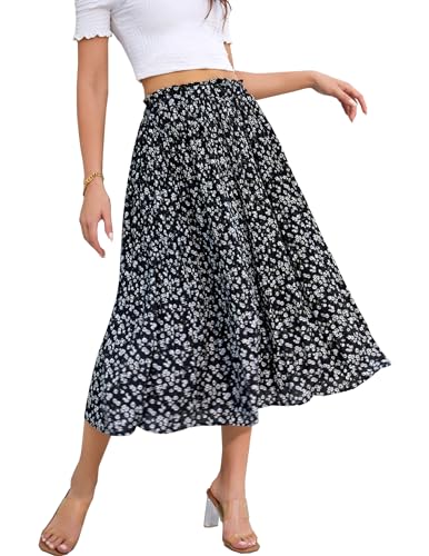 Hotouch Damen Sommerrock Chiffon Midirock Retro Rock Elastische Taille Faltenrock Maxirock Elegante Strandrock mit Tasche Sommer Winter Weiße Blume M von Hotouch