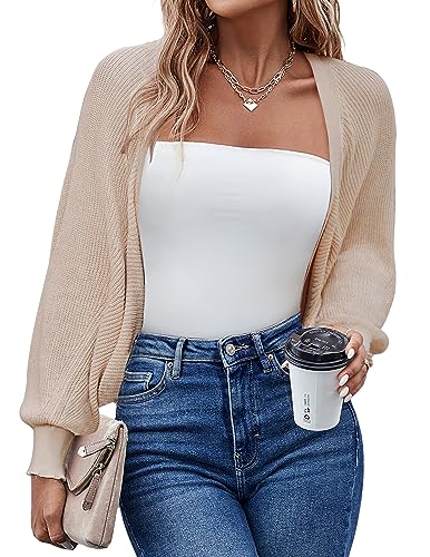 Hotouch Damen Strickjacke Cardigan Kurz Bolero Damen Festlich Kurz Elegant Open Front Shrugs Langarm Leichte Jäckchen Boleros Strick Bolerojacke Schulterjacke Cocktail Party Beige S von Hotouch