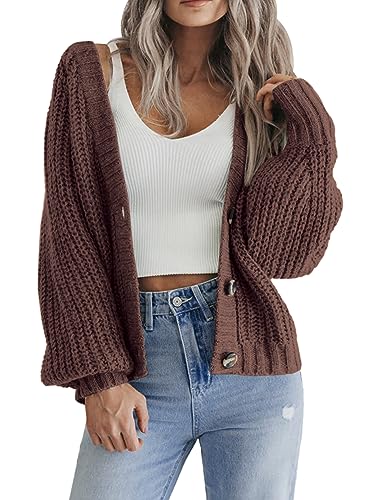 Hotouch Damen Strickjacke Solid Langarm Strickcardigan V-Ausschnitt Knopfleiste Jacke Lässig Weich Kurz Cardigan Braun L von Hotouch