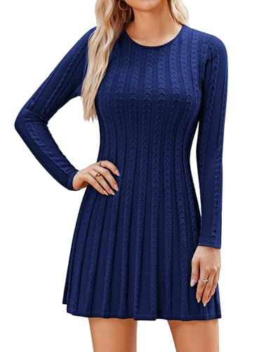 Hotouch Damen Strickkleid Winter Pulloverkleid Herbst Elegant A Linien Kleid Rundhals Einfarbig Langarm Casual Herbstkleid Warm Midikleid Marineblau XL von Hotouch