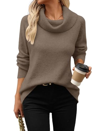 Hotouch Damen Strickpullover Elegant Stehkragen Pullover Herbst Winter Grobstrickpullover Dicker Feinstrickpullover Khaki S von Hotouch