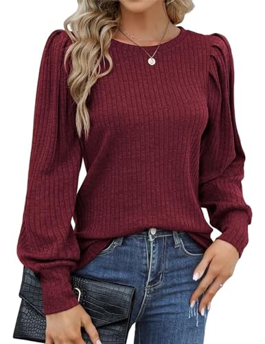 Hotouch Damen Oberteile Langarm Rundhals Bluse Herbst Dünne Puffärmel Pullover Casual Langarmshirt Rot M von Hotouch