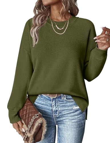 Hotouch Damen Strickpullover Rundhalsausschnitt Einfarbig Pullover Winter Casual Langarm Sweatshirt Warm Lose Seitenschlitz Oberteile von Hotouch