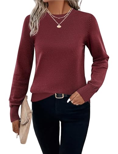 Hotouch Damen Pullover mit Rundhals Gestrickt Langarmshirt Solid Knit Sweatshirt Long Sleeved Weiche Herbst Winter Pulli Weinrot M von Hotouch