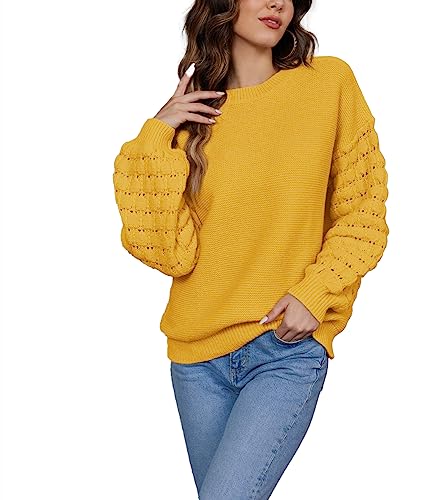 Hotouch Damen Pullover Breite Ärmel Sweater Rundhalsausschnitt Strickpullover Gestrickt Oberteil für Herbst Winter Lose Warm Pulli Curry Gelb XL von Hotouch