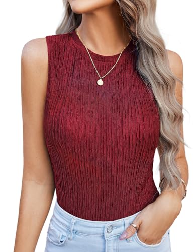 Hotouch Damen Top Ärmellose Oberteile Basic Tank Tops Blusentop Sommer Lässige Weste Rundhals Blusen Blasenfalten sexy Shirt Unterhemd Weinrot XX von Hotouch