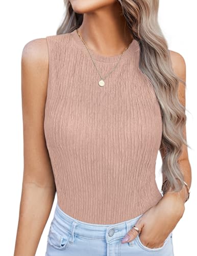 Hotouch Damen Tank Top Ärmellose Sommer Tops Rundhals Weste Basic Oberteile Casual Blusen Blasenfalten Weste Slim Fit Shirt Lotuswurzel Rosa XL von Hotouch