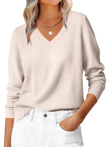 Hotouch Damen V-Ausschnitt Pullover Langarm Herbst Strickpullover Basic Sweater Leicht Elegant Strickpulli Winterpullover Beige XXL von Hotouch