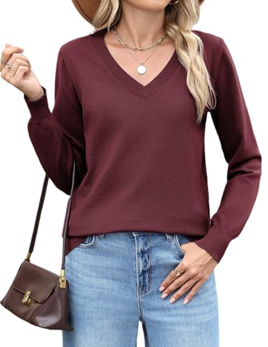 Hotouch Damen V-Ausschnitt Pullover Langarm Herbst Strickpullover Basic Sweater Leicht Elegant Strickpulli Winterpullover Bordeaux XXL von Hotouch