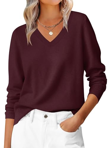 Hotouch Damen V-Ausschnitt Pullover Langarm Herbst Strickpullover Basic Sweater Leicht Elegant Strickpulli Winterpullover Bordeaux XXL von Hotouch