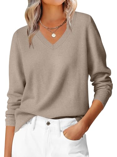Hotouch Damen V-Ausschnitt Pullover Langarm Herbst Strickpullover Basic Sweater Leicht Elegant Strickpulli Winterpullover Braun XXL von Hotouch