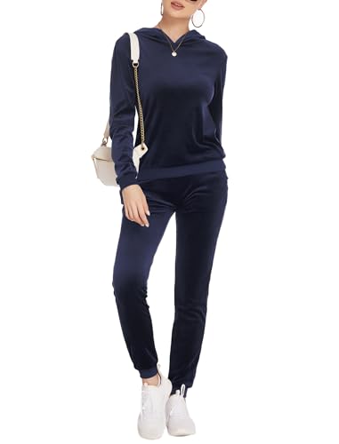 Hotouch Damen Velours Trainingsanzug Elegant Jogginganzug Winter Warm Hausanzug Einfarbig Sportanzug V-Ausschnitt Freizeitanzug mit Taschen Marineblau XL von Hotouch