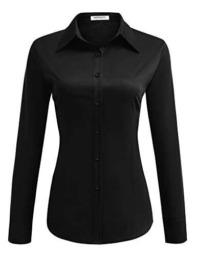 Hotouch Bluse Damen taillierte Hemd elegant V Neck 100% Baumwolle Oberteile Langarmshirt mit Knöpfen Tops Schwarz,L von Hotouch