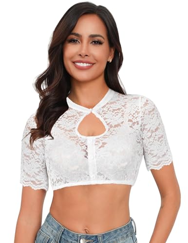 Hotouch Dirndl Bluse Damen Spitze Dirndlbluse Stehkragen Trachtenbluse Weiß Oktoberfest Spitzenbluse Dirndl S von Hotouch