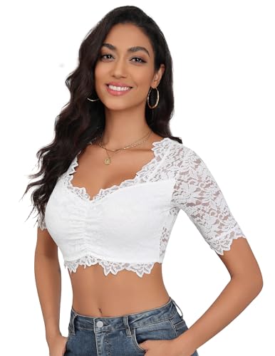 Hotouch Dirndl Bluse Damen Spitze Trachtenbluse Kurzarm Weiß Oktoberfest Dirndlbluse Stretch Trachtbluse L von Hotouch