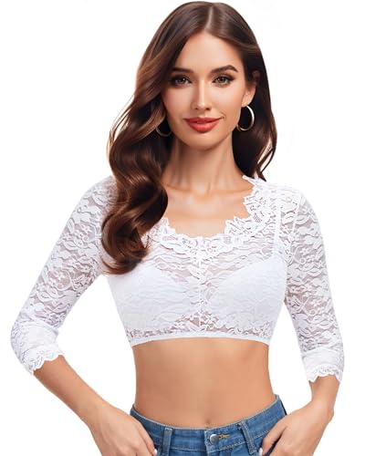Hotouch Dirndlbluse Damen Dirndl Bluse Spitze Trachtenblusen Weiß Traditionelle Kleidung Elegante 3/4 ärmel V-Ausschnitt Dirndl Bluse Weiß S von Hotouch