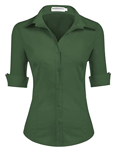 Hotouch Bluse Damen Elegant 3/4 Ärmln Blusen V-Ausschnitt Slim Fit Hemdbluse Geknöpfte Tunika Hemd Baumwolle Frauen Shirt Sommer Dunkelgrün XS von Hotouch
