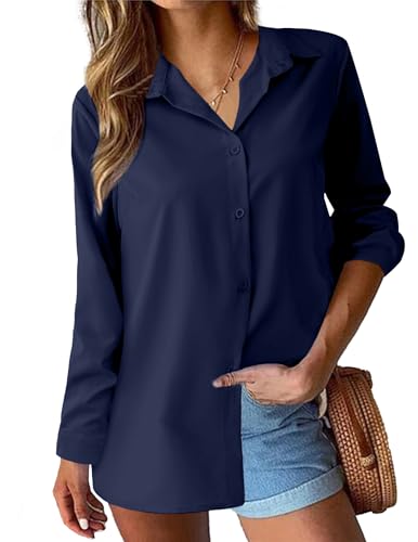 Hotouch Bluse Damen Langarm V-Ausschnitt Hemd Einfarbig Hemdbluse Elegant Business Tops Basic Oberteile Lose Button Down Bluse Blau S von Hotouch