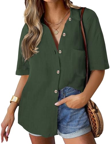 Hotouch Hemd Damen Kurzarm V-Ausschnitt Hemdbluse Elegant Einfarbig Tops Basic Oberteile mit Knöpfen Casual Arbeit Bluse für Damen Armeegrün XXL von Hotouch